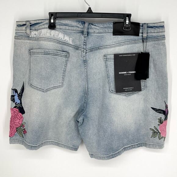 Homme + Femme NEW Embroidered Paradise Denim Shorts Unisex 44 Blue Hummingbird - Picture 7 of 12